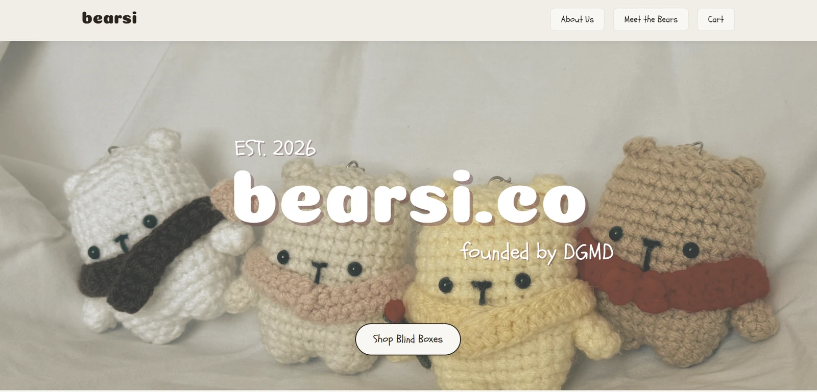 The Bearsi.co homepage: four crocheted bear keychains laid on fabric behind the site title and a Shop Blind Boxes button.