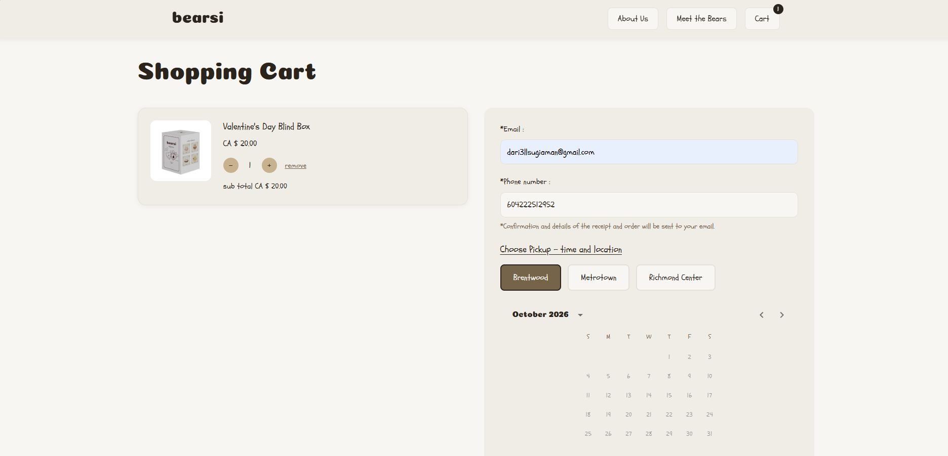 Shopping cart page showing a line item with quantity controls, contact fields, three pickup locations and a month calendar for choosing a date.